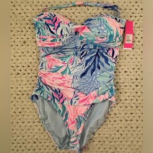 NEW Lilly Pulitzer Flamenco One Piece SWIMSUIT Blue Tint Kaleidoscope Coral 12